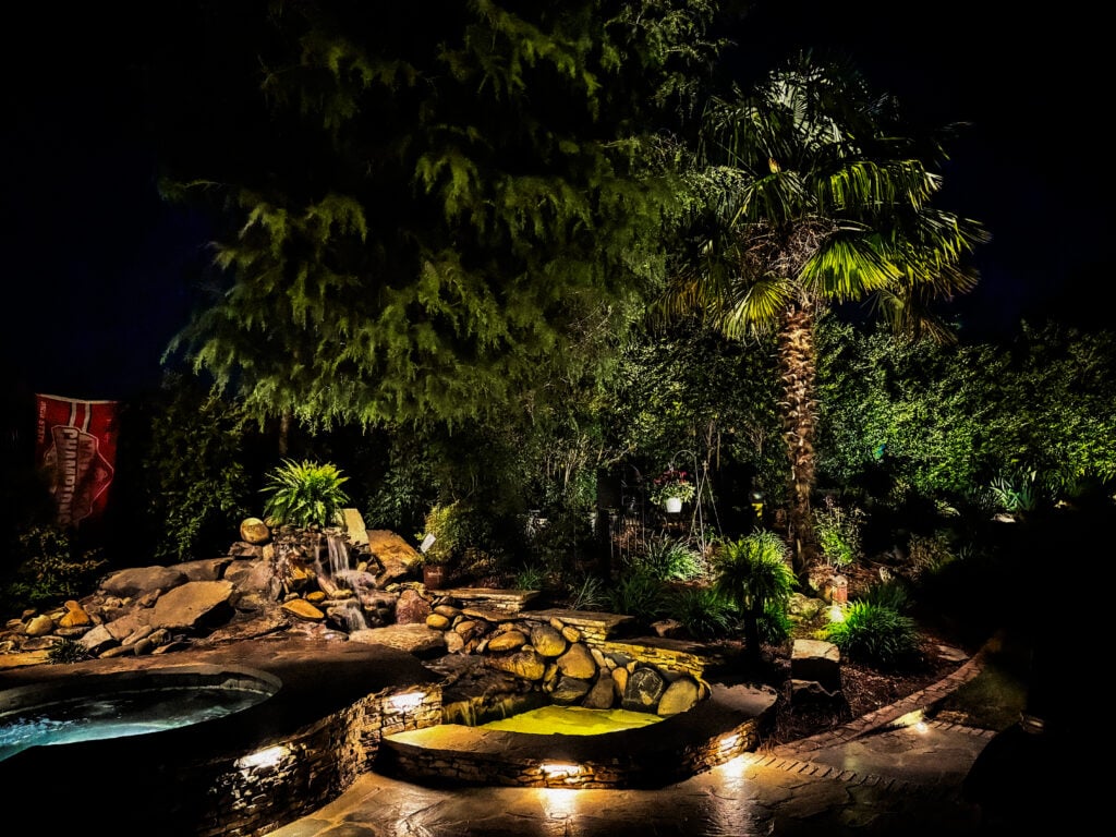 Landscape Outdoor Lighting by Aurora Lux, Pond Lighting, Palm Tree Lighting